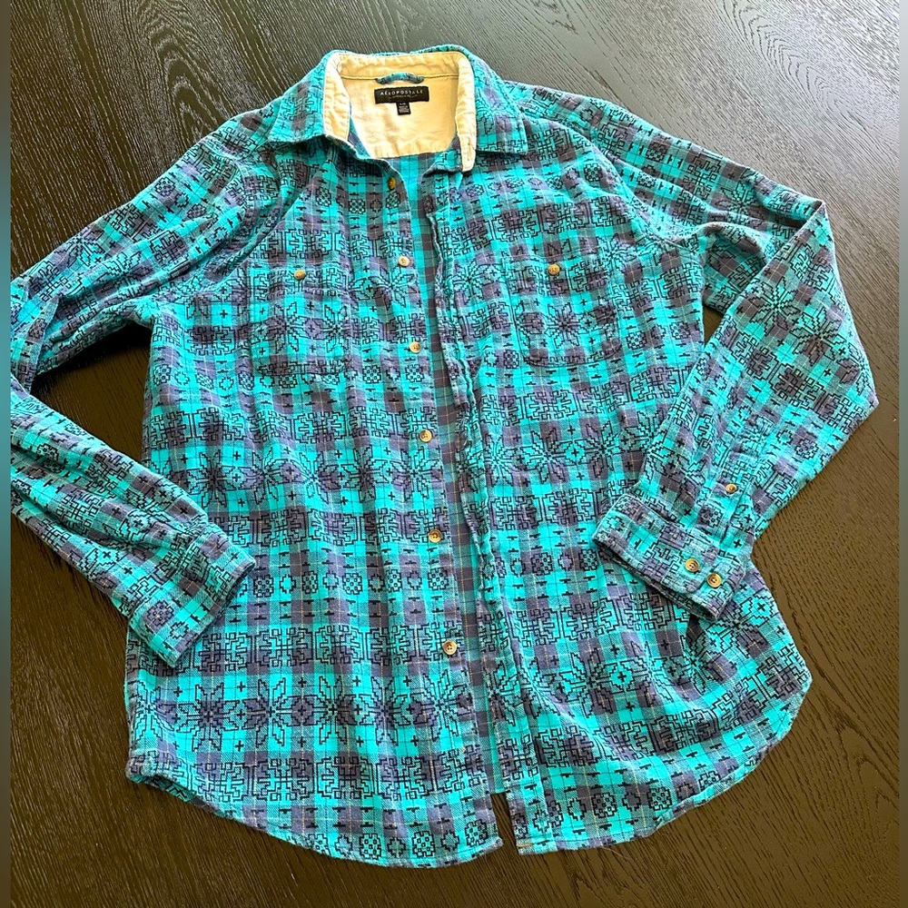 Teal Aztec Print Button Up Lightweight Flannel Large